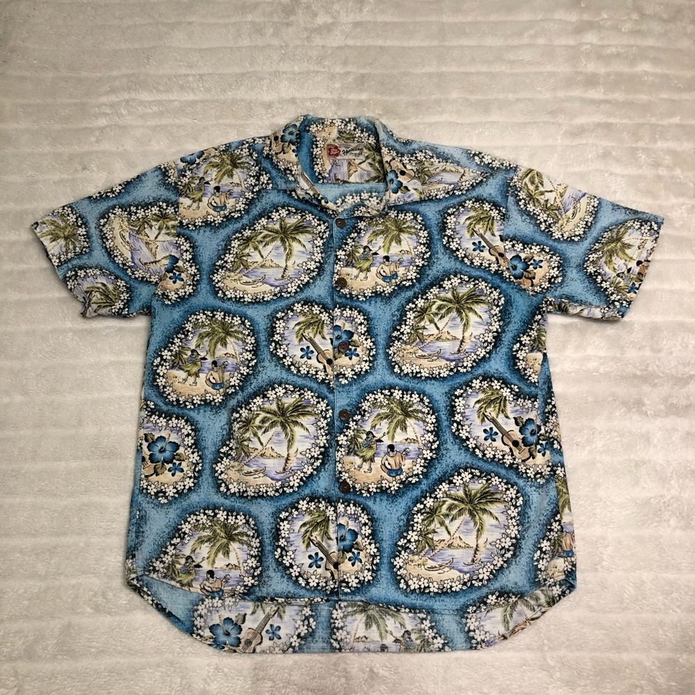 Hilo Hattie Shirt Mens Medium Beach Print Tropical Hawaiian Button Up Vintage